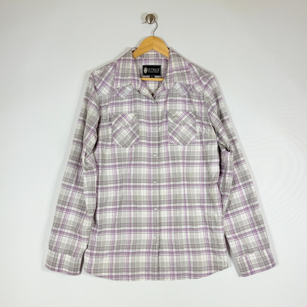 Outback Trading Company Women XL Shirt Plaid Western Purple Gray Pearl Snap
